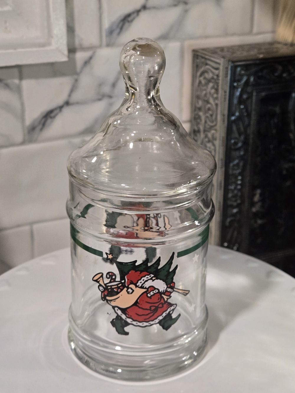 Vintage 1990 Anchor Hocking Glass Christmas Candy Jar